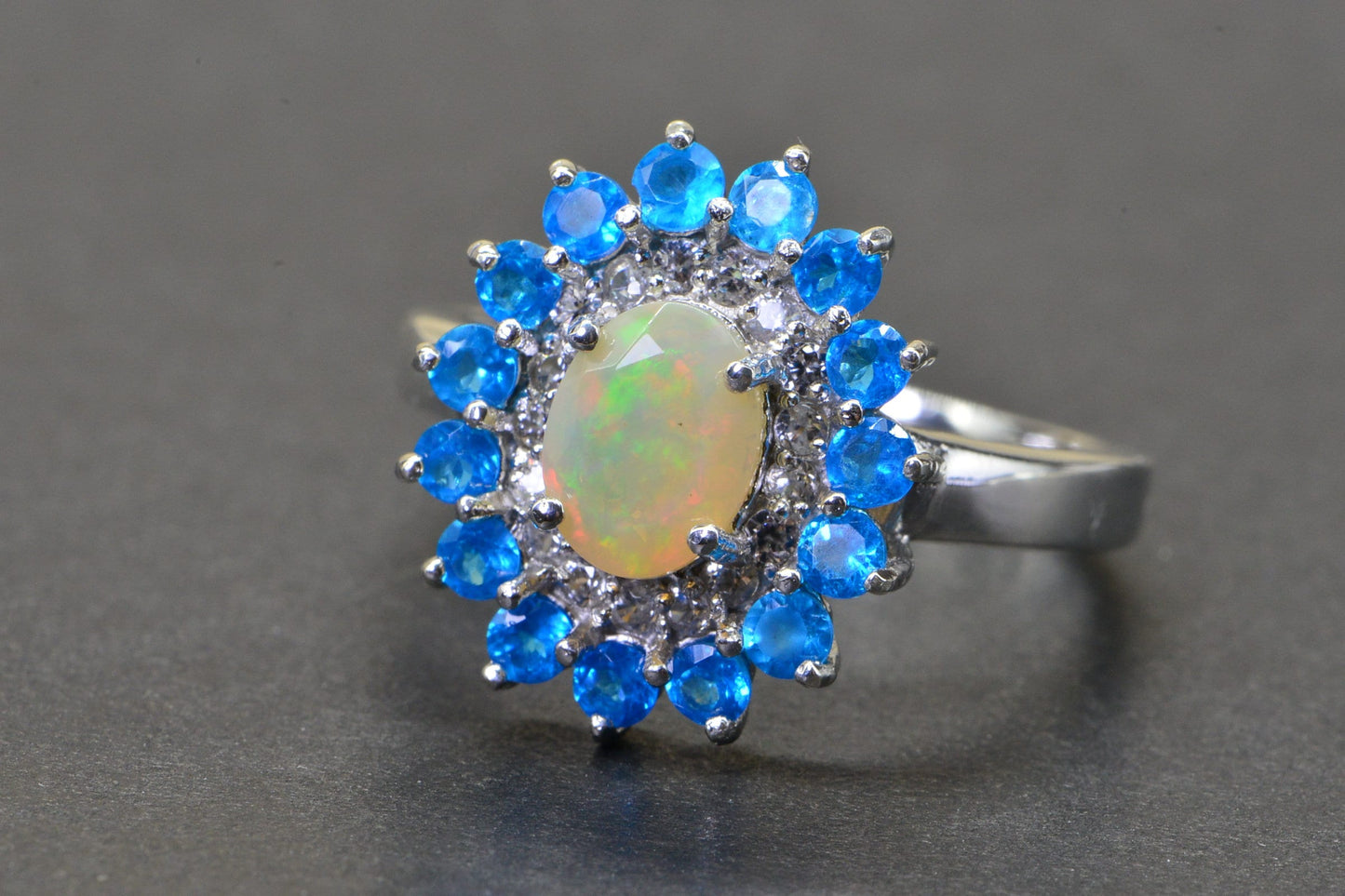 Ethiopian Opal Ring, Neon Apatite Halo, Sterling Silver, Size 7