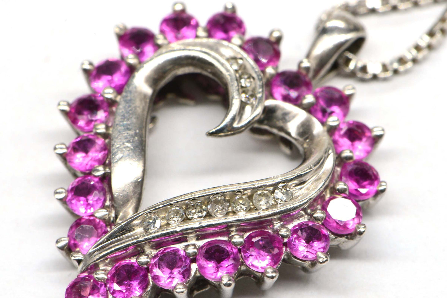 Natural Ruby and  Diamond  Sterling Silver Heart  Pendant Necklace Estate , Vintage Pendant ,Birthstone July
