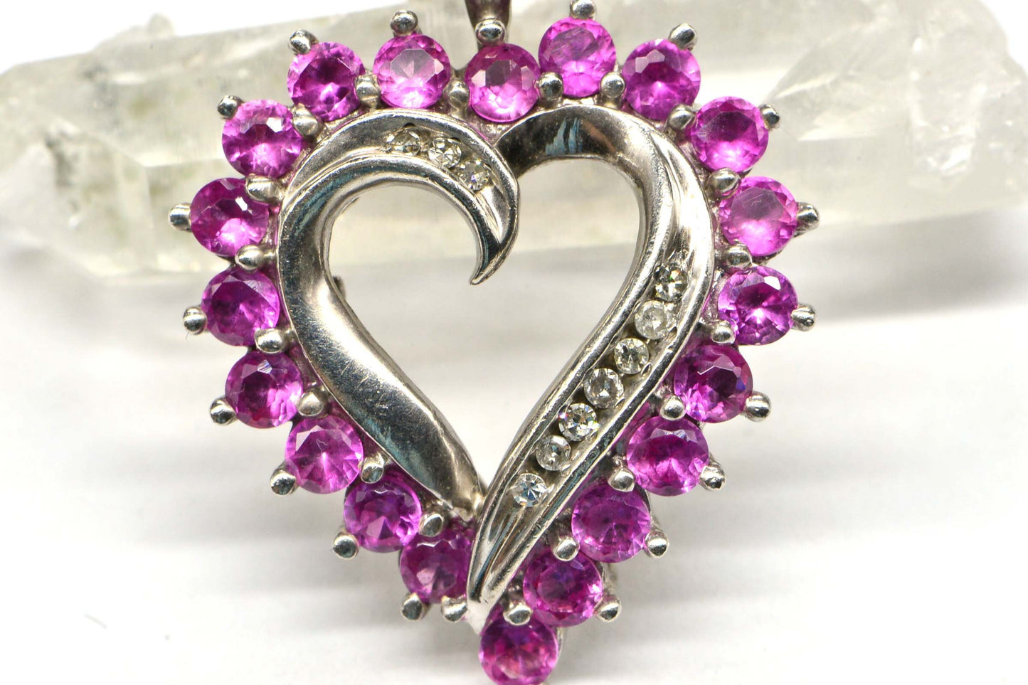 Natural Ruby and  Diamond  Sterling Silver Heart  Pendant Necklace Estate , Vintage Pendant ,Birthstone July
