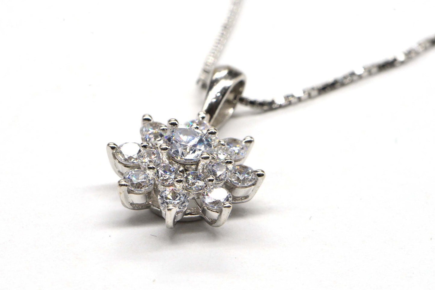 Zircon  Flower Pendant Rhodium Over Sterling Silver  Prong Set  Simulated Diamond  Pendant Birthstone April