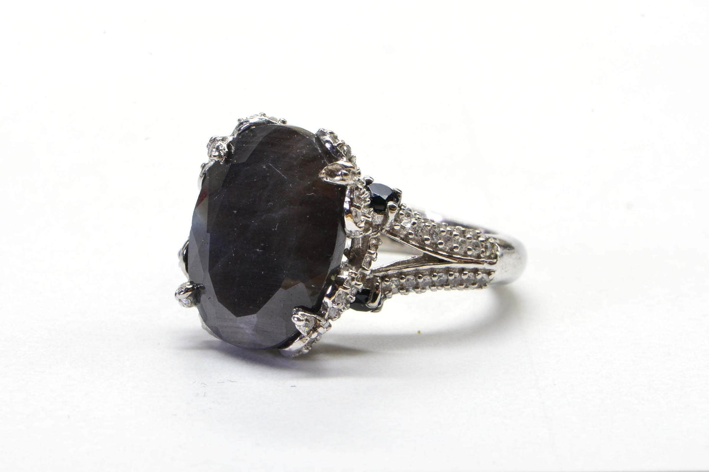 Genuine Gray Sapphire Halo Style Large Oval Natural Sapphire Fancy Solitaire Ring Sterling silver