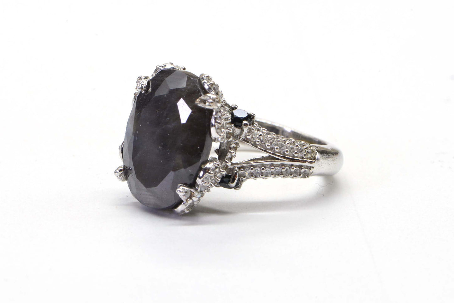 Genuine Gray Sapphire Halo Style Large Oval Natural Sapphire Fancy Solitaire Ring Sterling silver