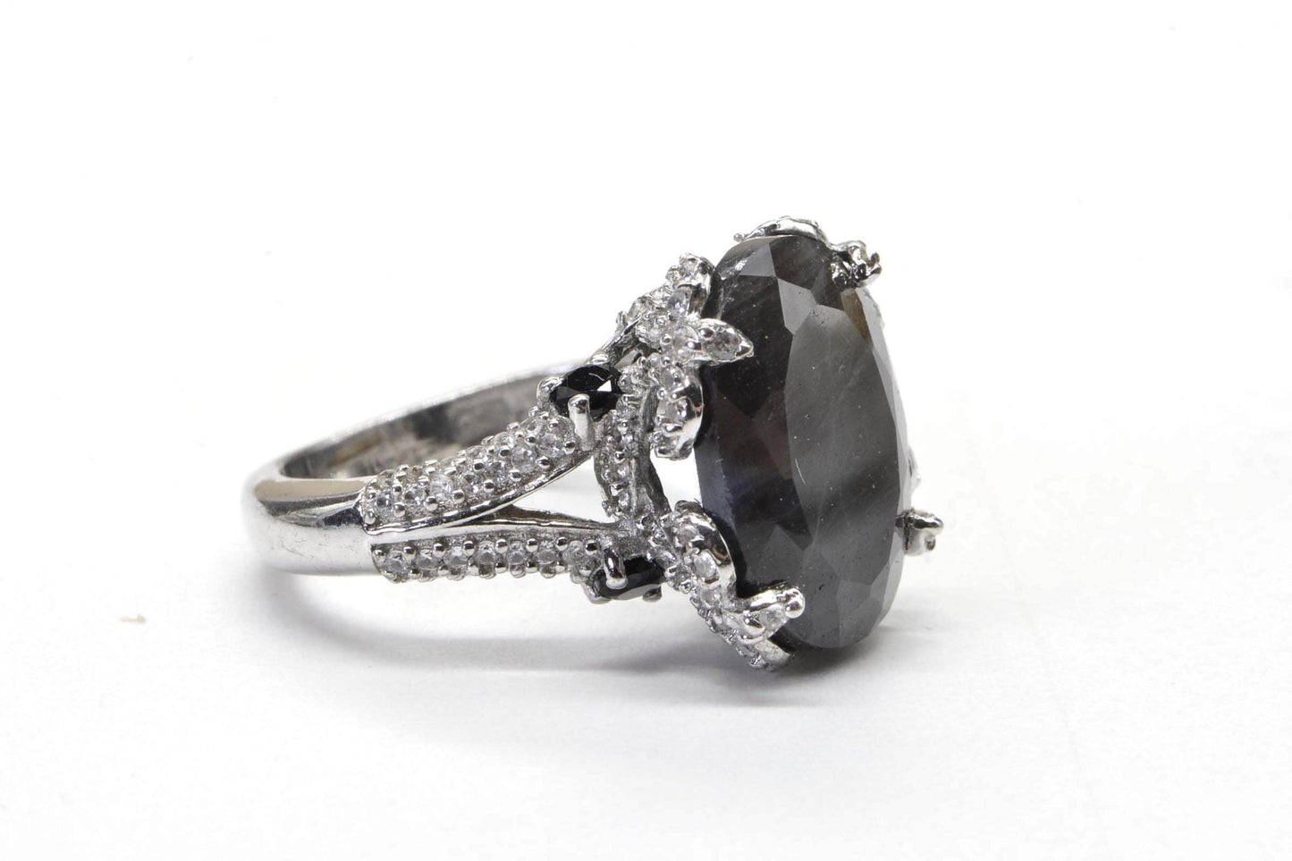 Genuine Gray Sapphire Halo Style Large Oval Natural Sapphire Fancy Solitaire Ring Sterling silver