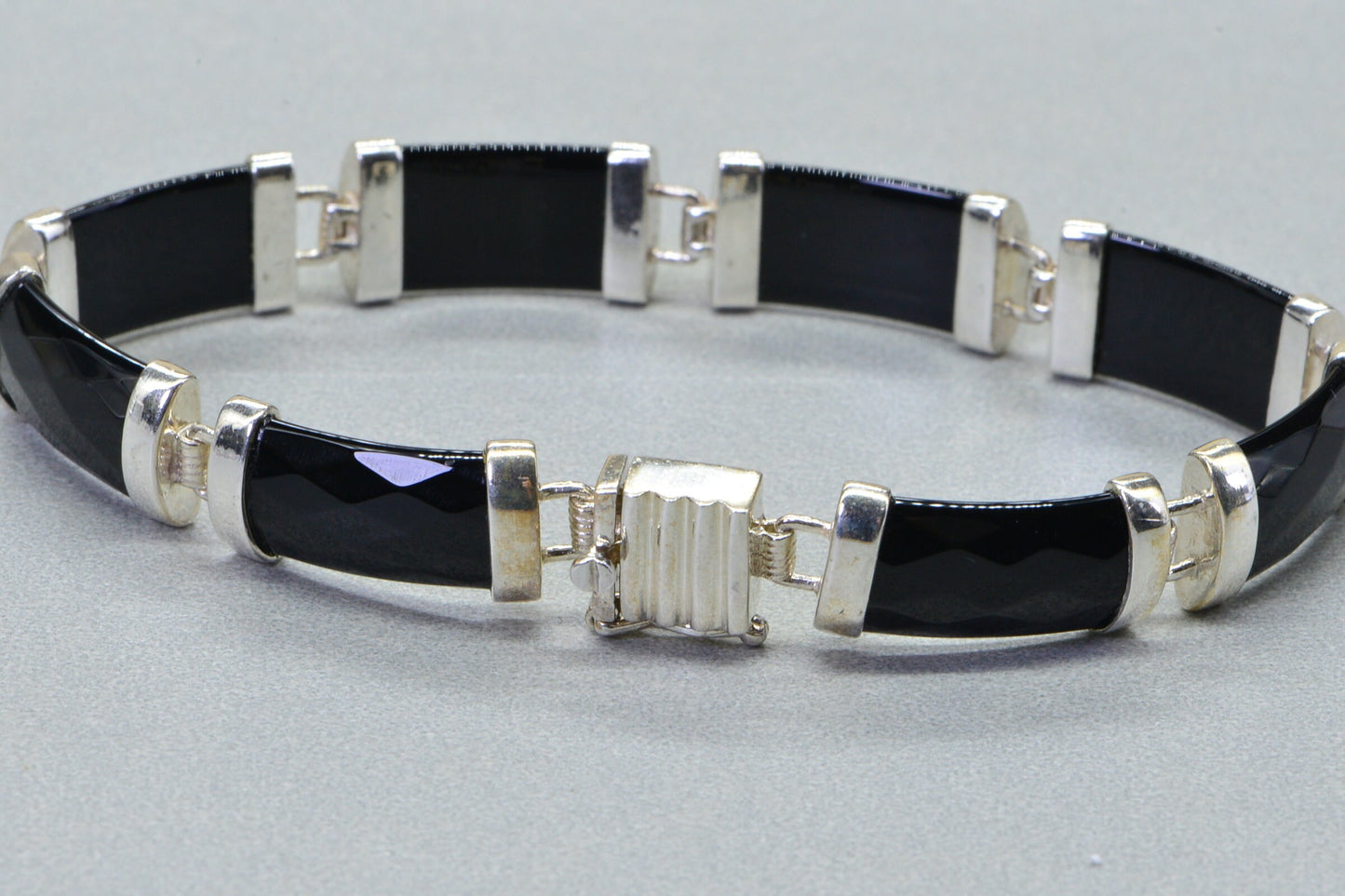 Thai Black Spinel Tennis Bracelet, Platinum Over Sterling Silver, Vintage Style