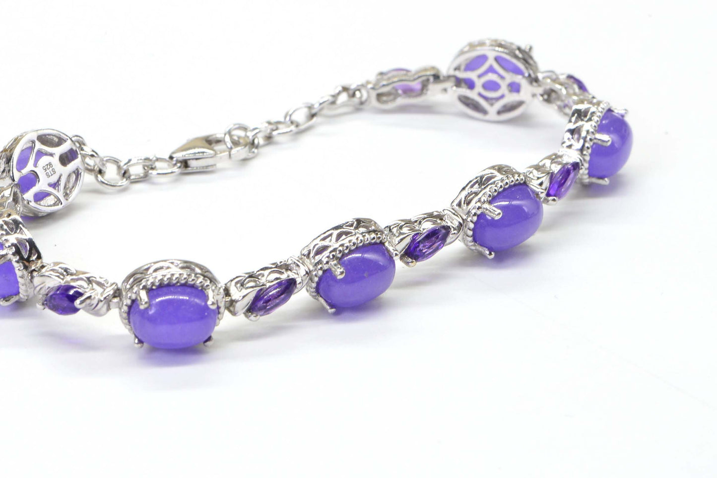 Purple Jade & Amethyst Bracelet, Filigree Sterling Silver, 7 Inch
