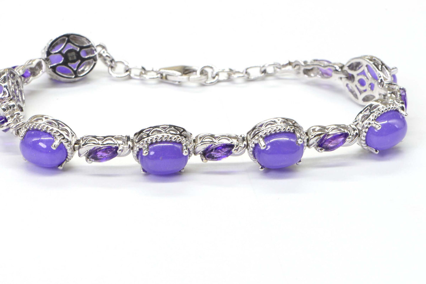 Purple Jade & Amethyst Bracelet, Filigree Sterling Silver, 7 Inch