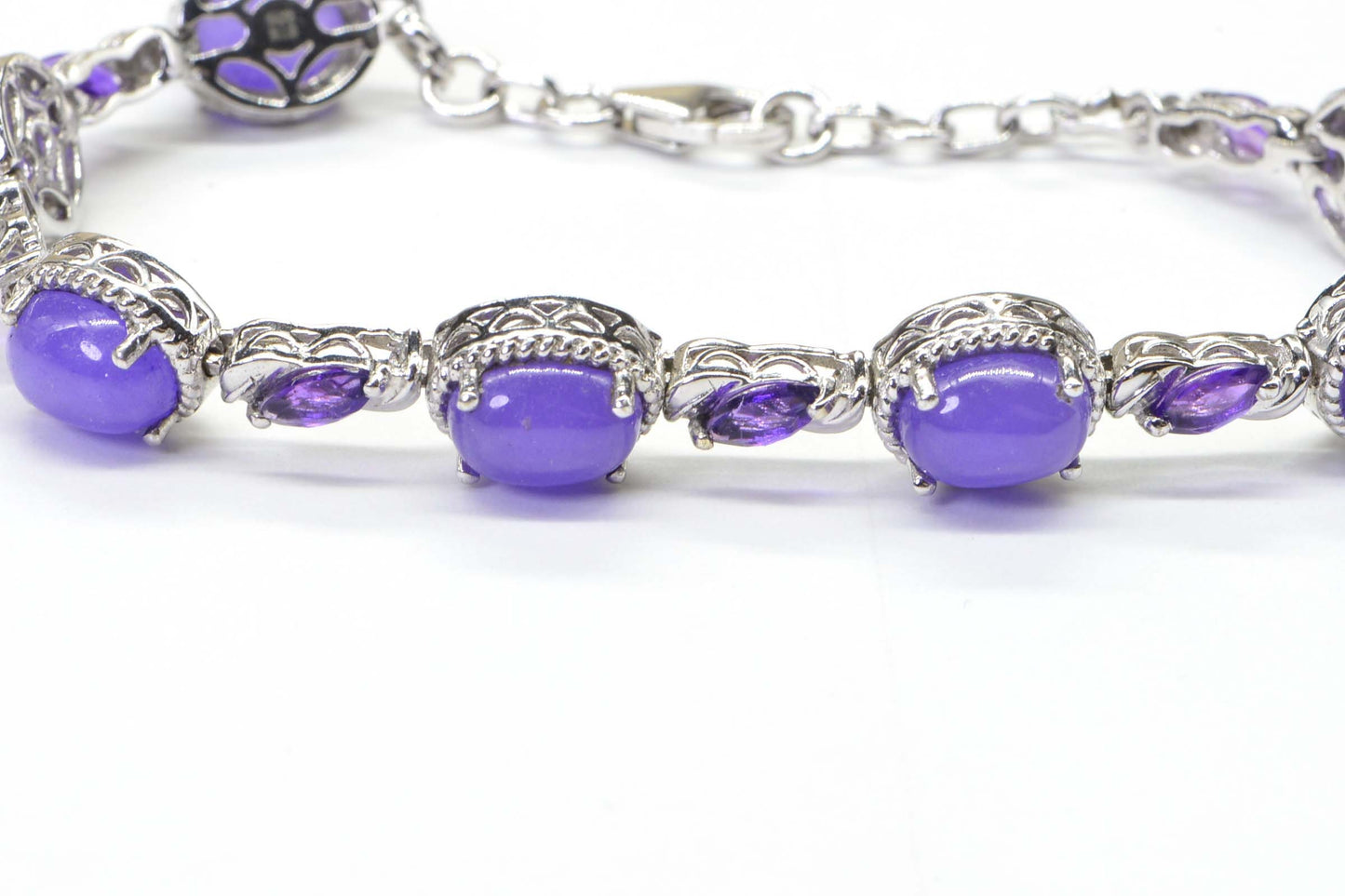 Purple Jade & Amethyst Bracelet, Filigree Sterling Silver, 7 Inch