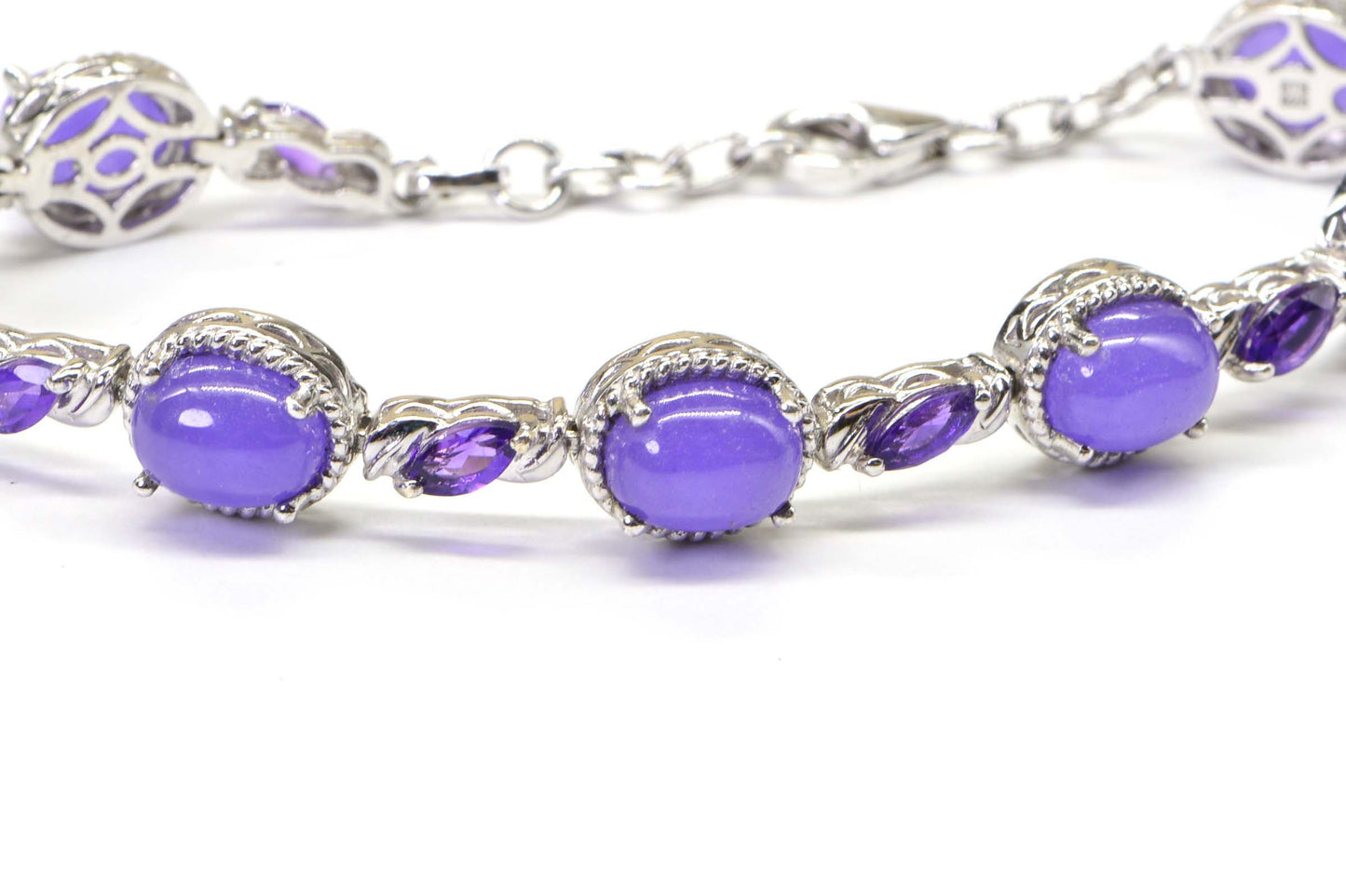 Purple Jade & Amethyst Bracelet, Filigree Sterling Silver, 7 Inch