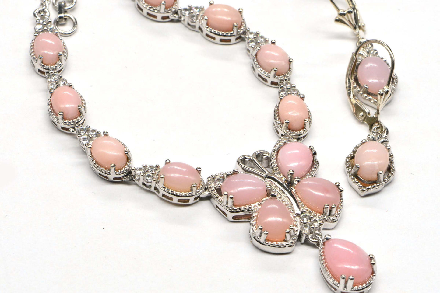 Peruvian Pink Opal Butterfly Necklace Earrings Set, Sterling Silver