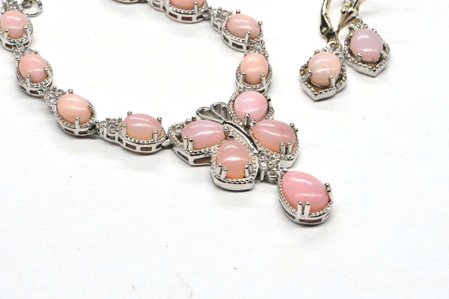 Peruvian Pink Opal Butterfly Necklace Earrings Set, Sterling Silver