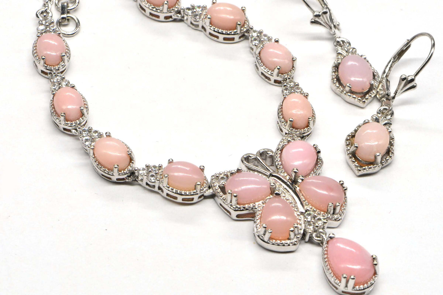 Peruvian Pink Opal Butterfly Necklace Earrings Set, Sterling Silver