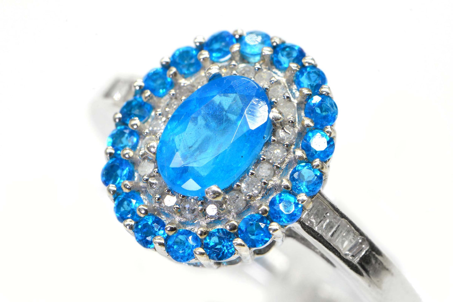 Neon Apatite Double  Halo Real  Diamond  Sterling Silver Ring Promise Ring