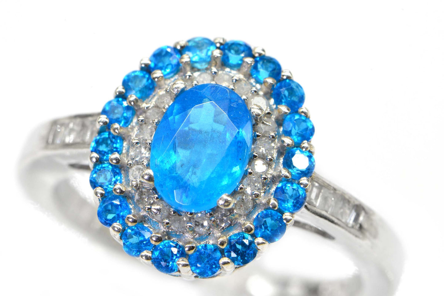 Neon Apatite Double  Halo Real  Diamond  Sterling Silver Ring Promise Ring
