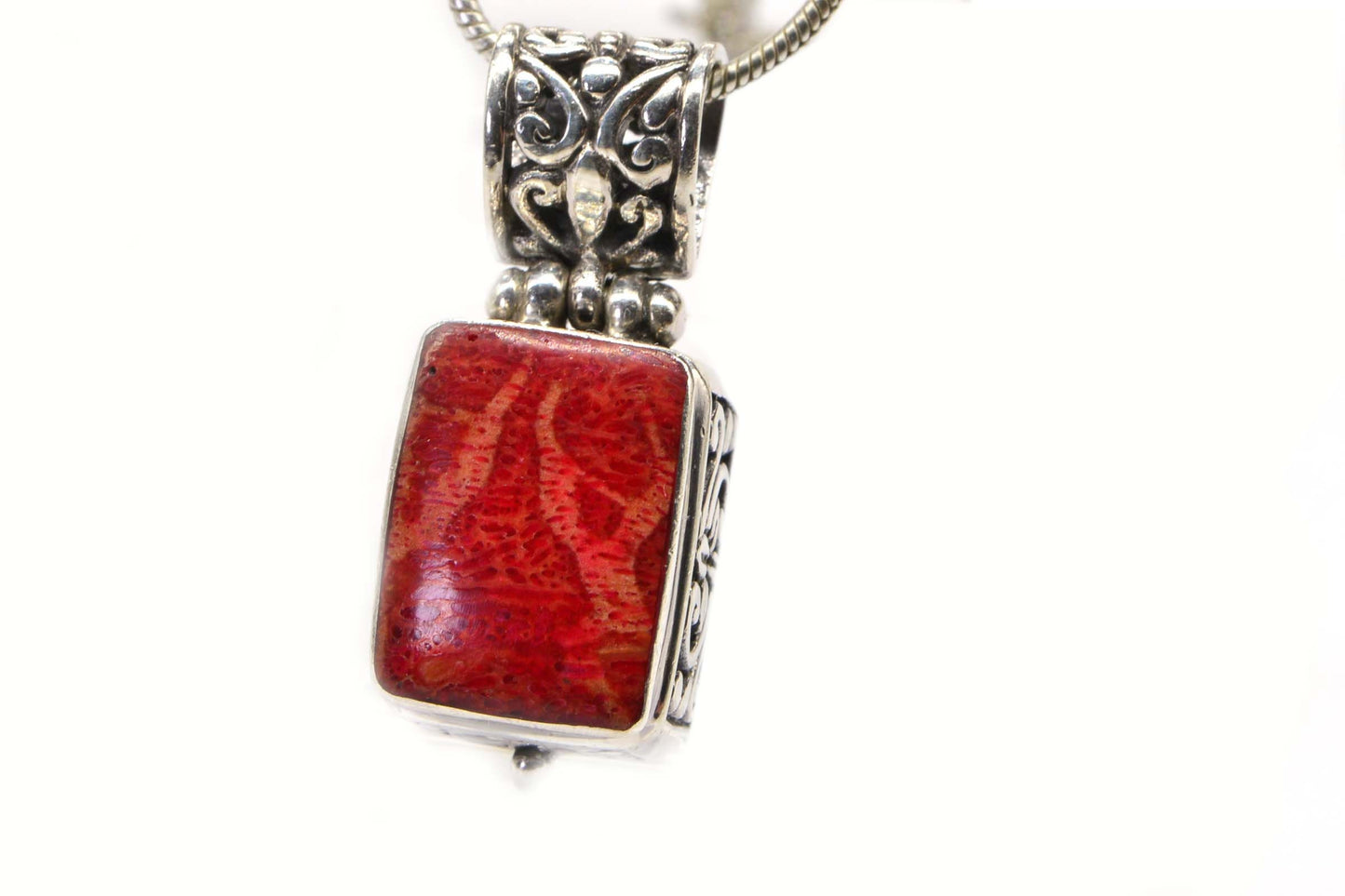 Red Coral Rectangle  Pendant  Necklace Sterling Silver Fancy Basket Filigree
