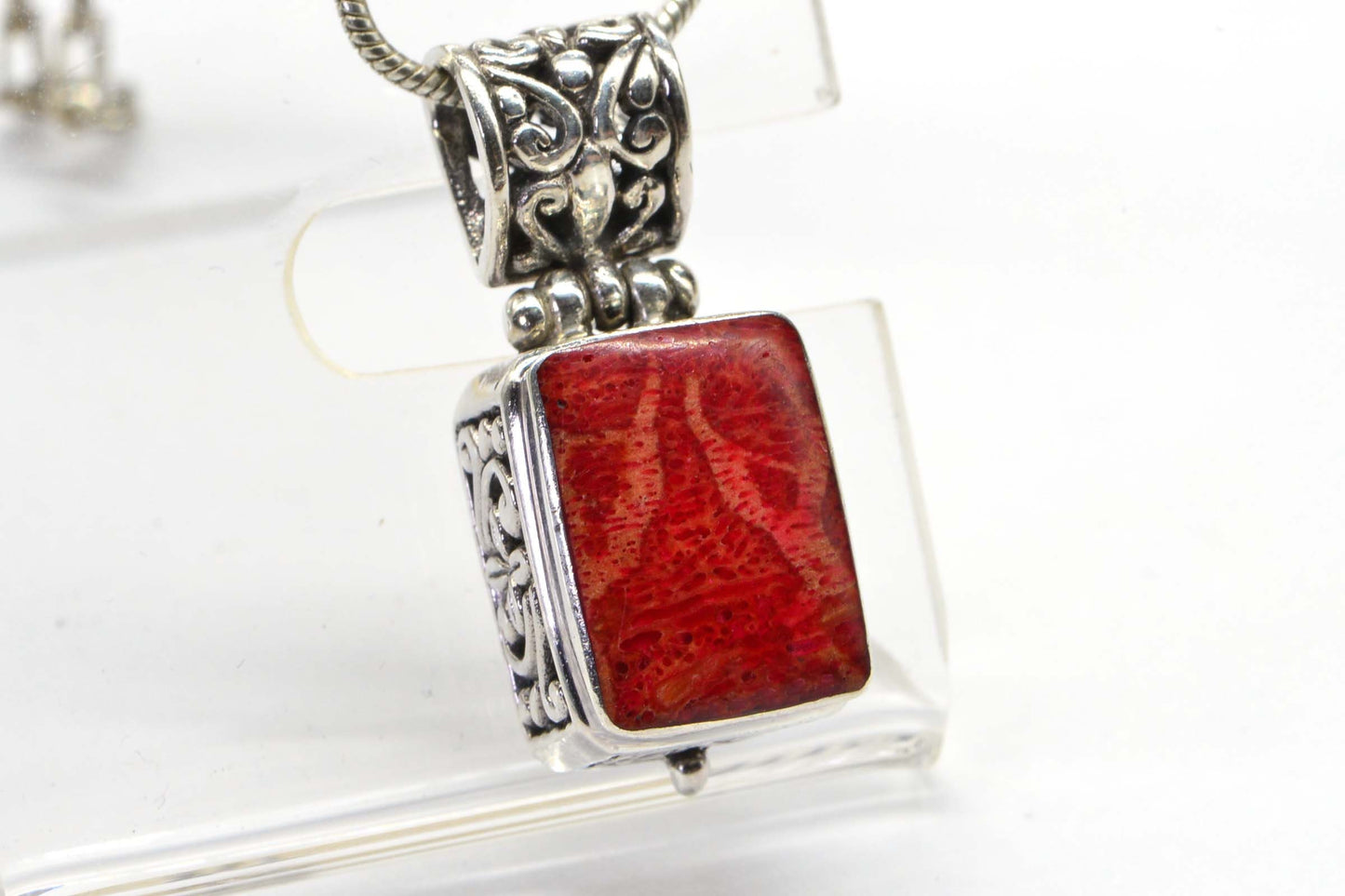 Red Coral Rectangle  Pendant  Necklace Sterling Silver Fancy Basket Filigree