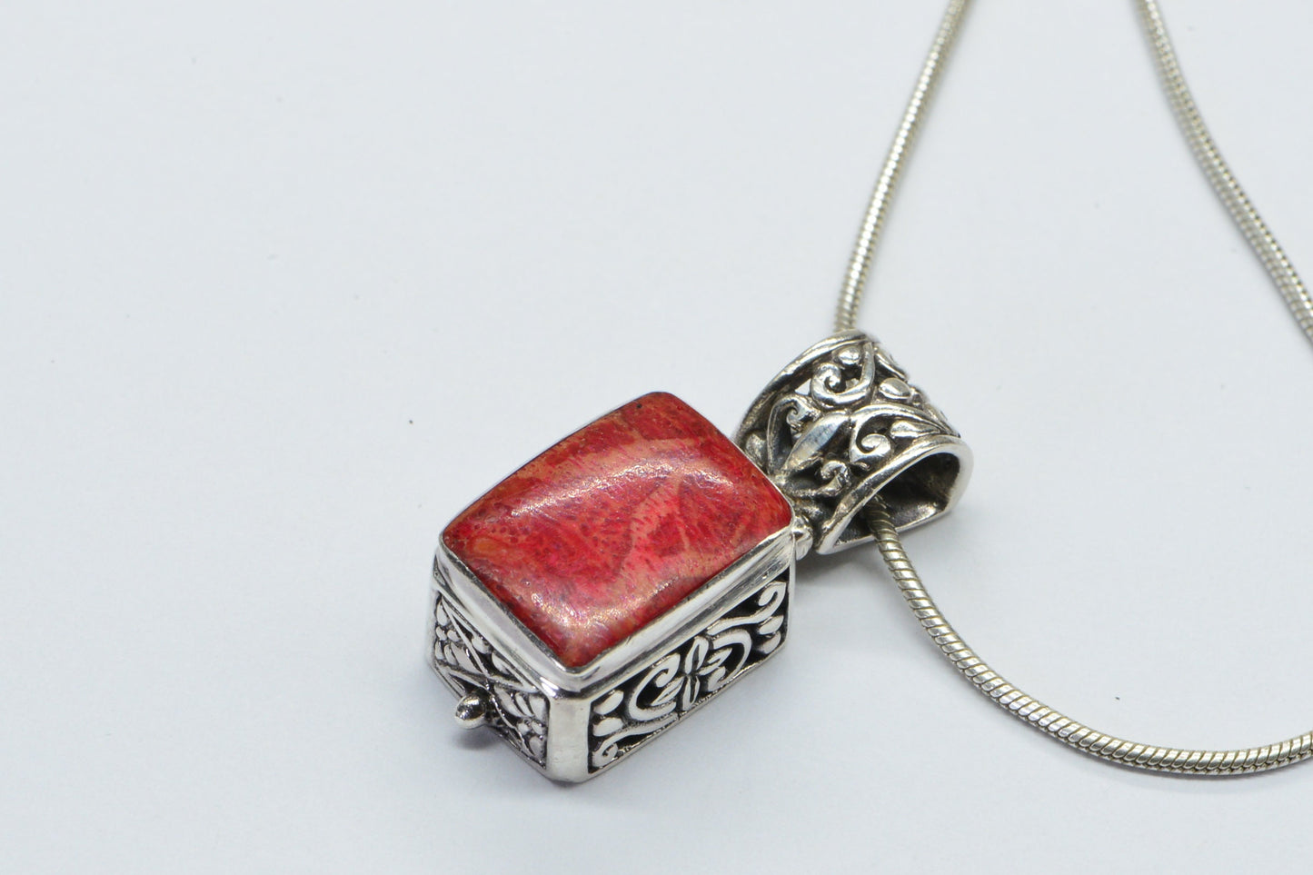Red Coral Rectangle  Pendant  Necklace Sterling Silver Fancy Basket Filigree