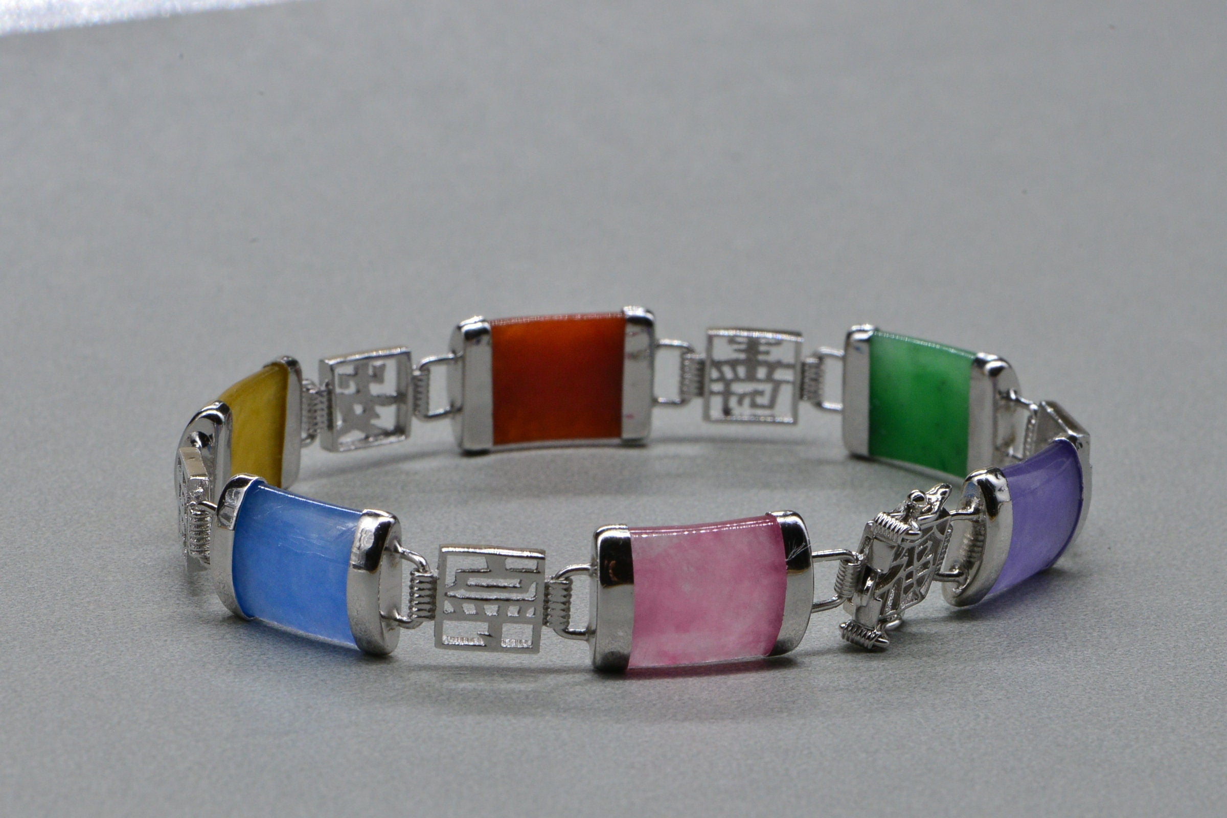 18K Gold Over Sterling Silver Multicolor Jade Bracelet
