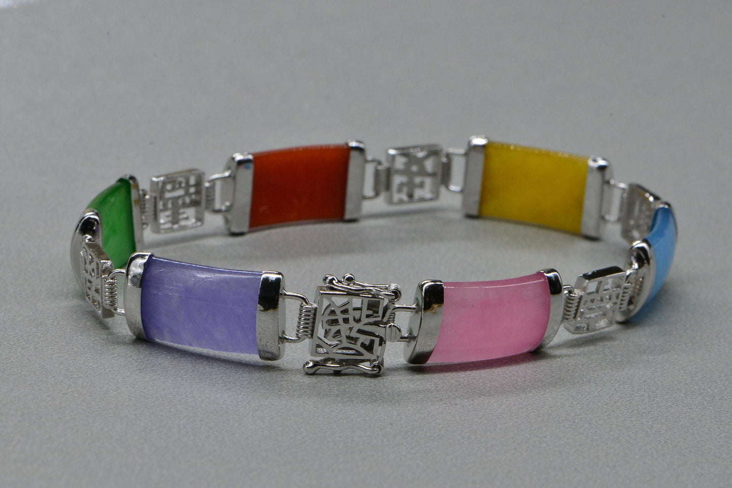 Lucky Chinese  Multi Color Jade Rectangle Bracelet Sterling Silver Long Length Chain Bracelet