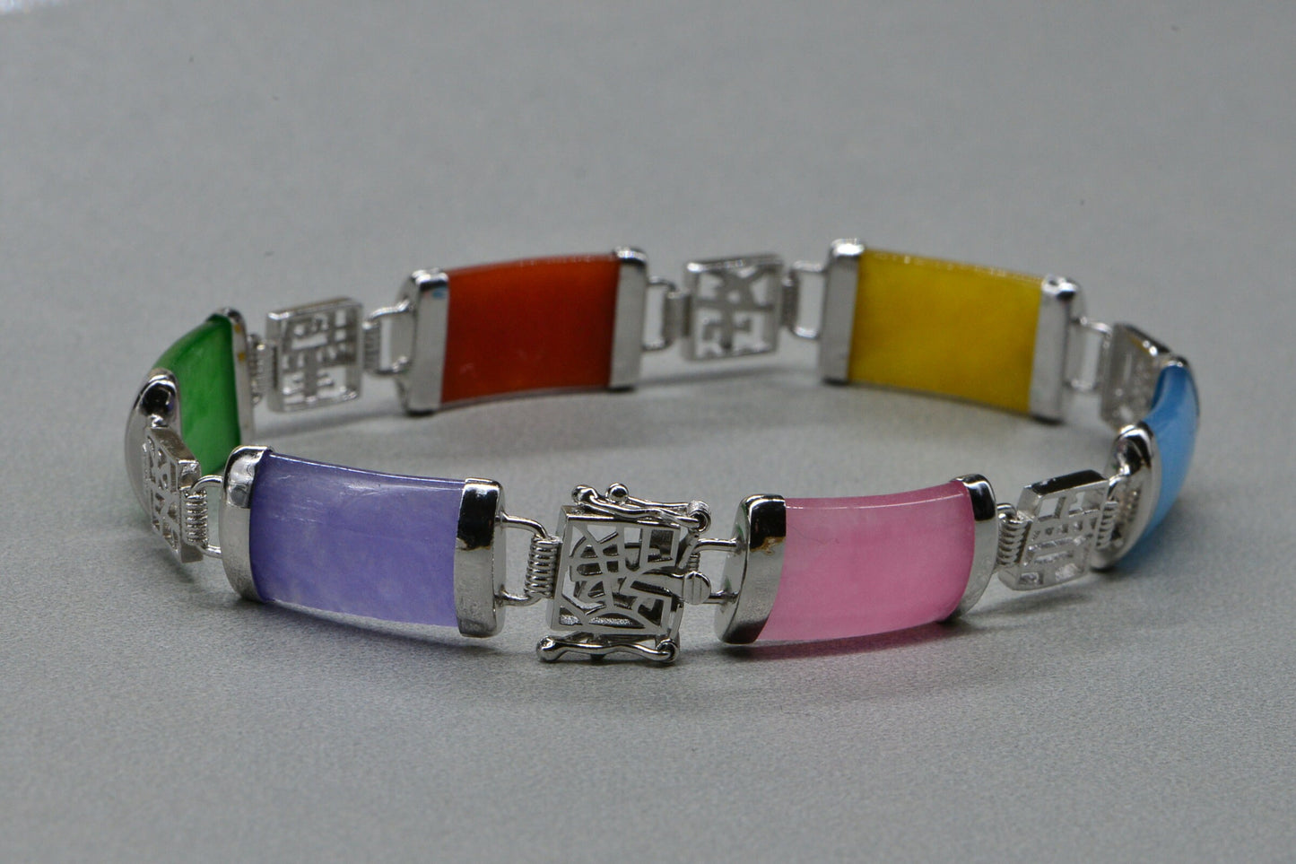 Lucky Chinese  Multi Color Jade Rectangle Bracelet Sterling Silver Long Length Chain Bracelet