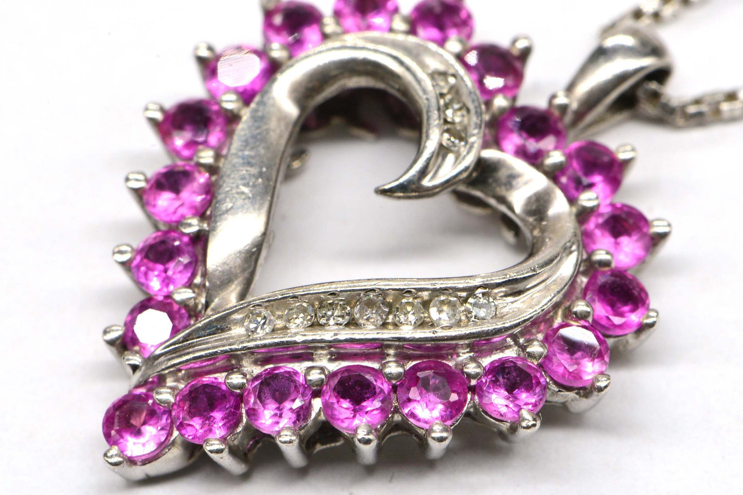 Natural Ruby and  Diamond  Sterling Silver Heart  Pendant Necklace Estate , Vintage Pendant ,Birthstone July