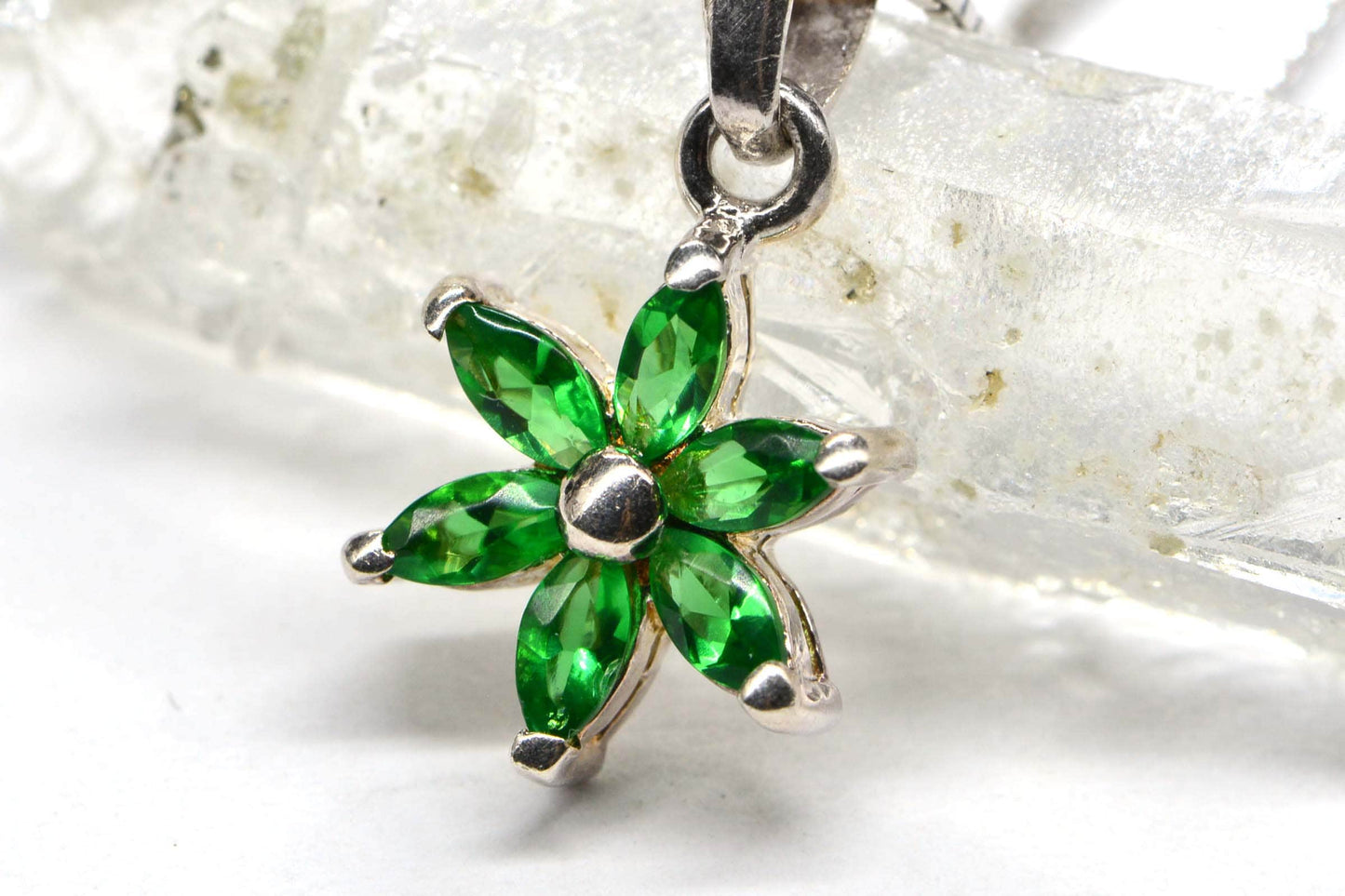 Chrome Diopside Flower Pendant Necklace, Sterling Silver Jewelry