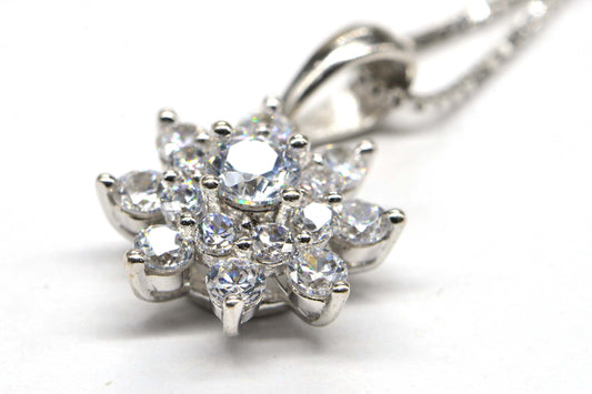 Zircon  Flower Pendant Rhodium Over Sterling Silver  Prong Set  Simulated Diamond  Pendant Birthstone April