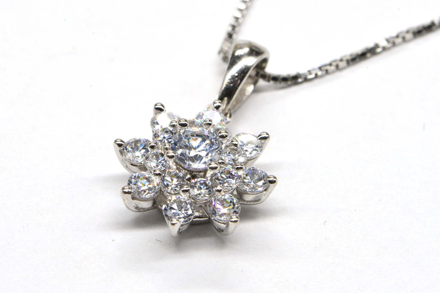 Zircon  Flower Pendant Rhodium Over Sterling Silver  Prong Set  Simulated Diamond  Pendant Birthstone April