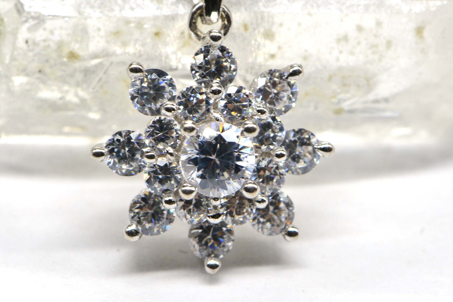 Zircon  Flower Pendant Rhodium Over Sterling Silver  Prong Set  Simulated Diamond  Pendant Birthstone April