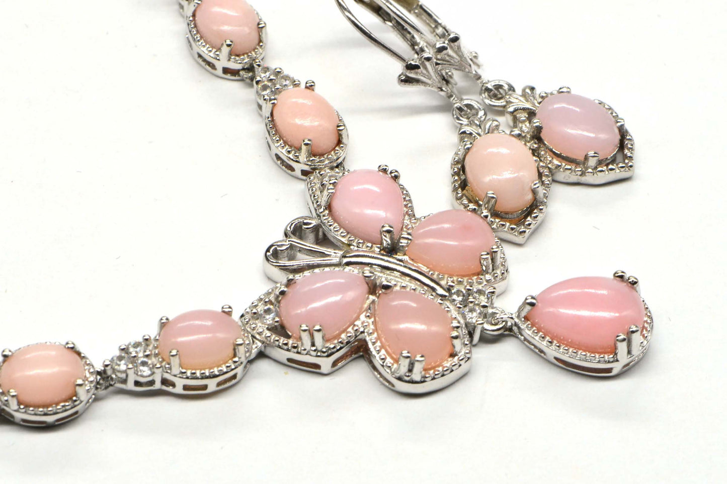 Peruvian Pink Opal Butterfly Necklace Earrings Set, Sterling Silver