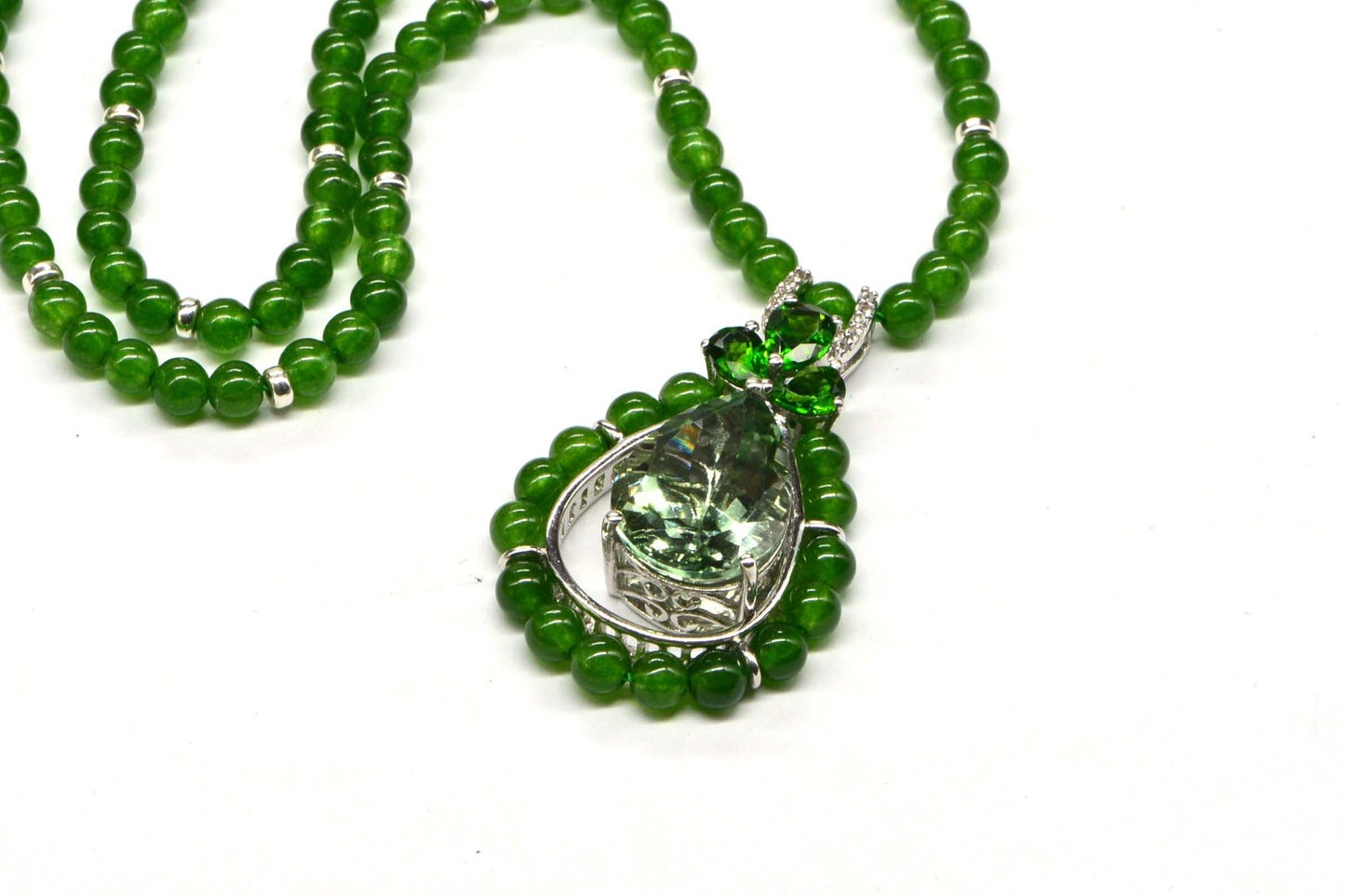 Natural Green Jade Green Amethyst Russian Chrome Diopside  Multiple Gemstone Necklace