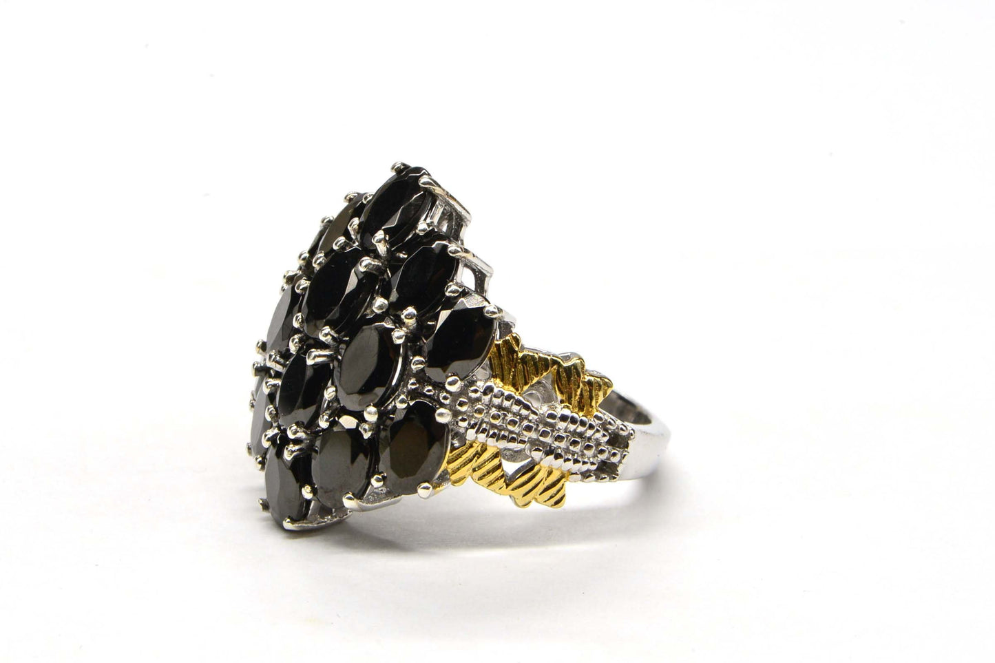 Black Onyx Cluster Ring, Platinum Over Sterling Silver, Boho Filigree