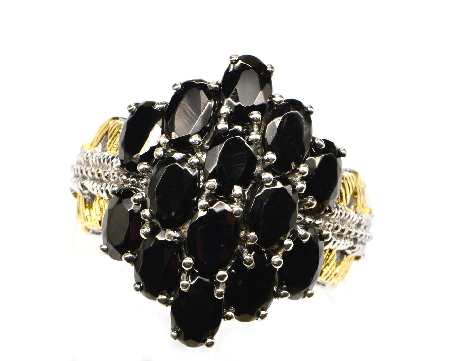 Black Onyx Cluster Ring, Platinum Over Sterling Silver, Boho Filigree