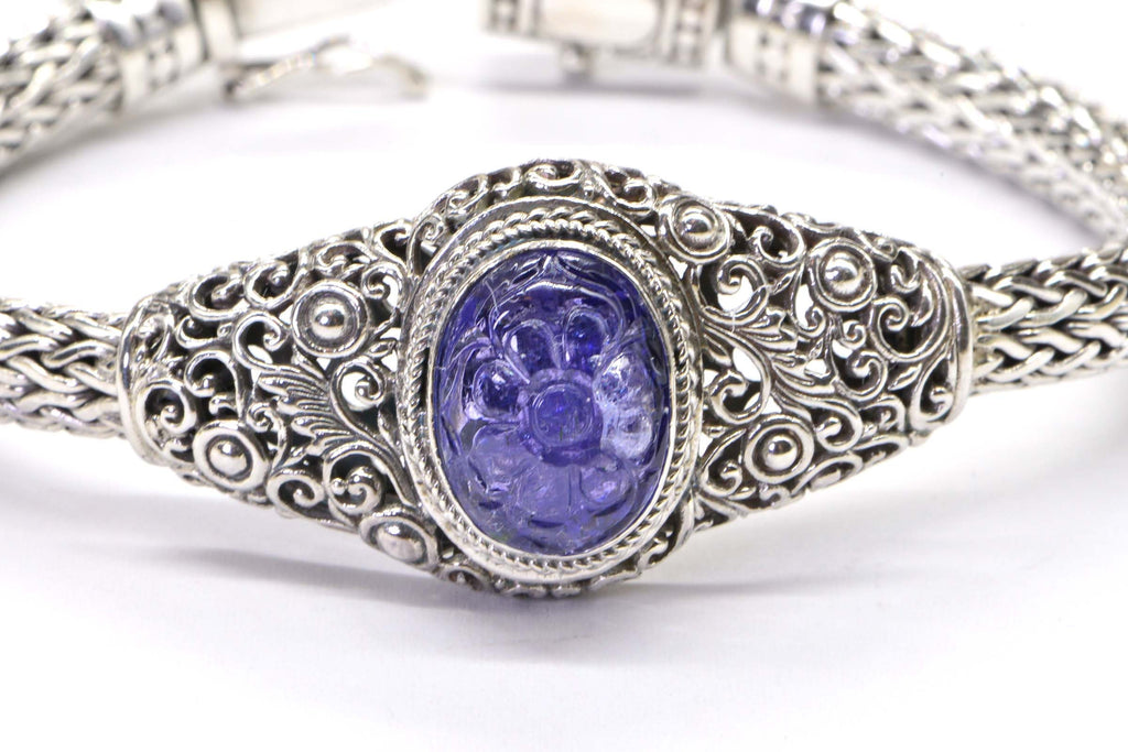 Tanzanite Flower Bracelet: Sterling Silver Filigree, Estate Jewelry