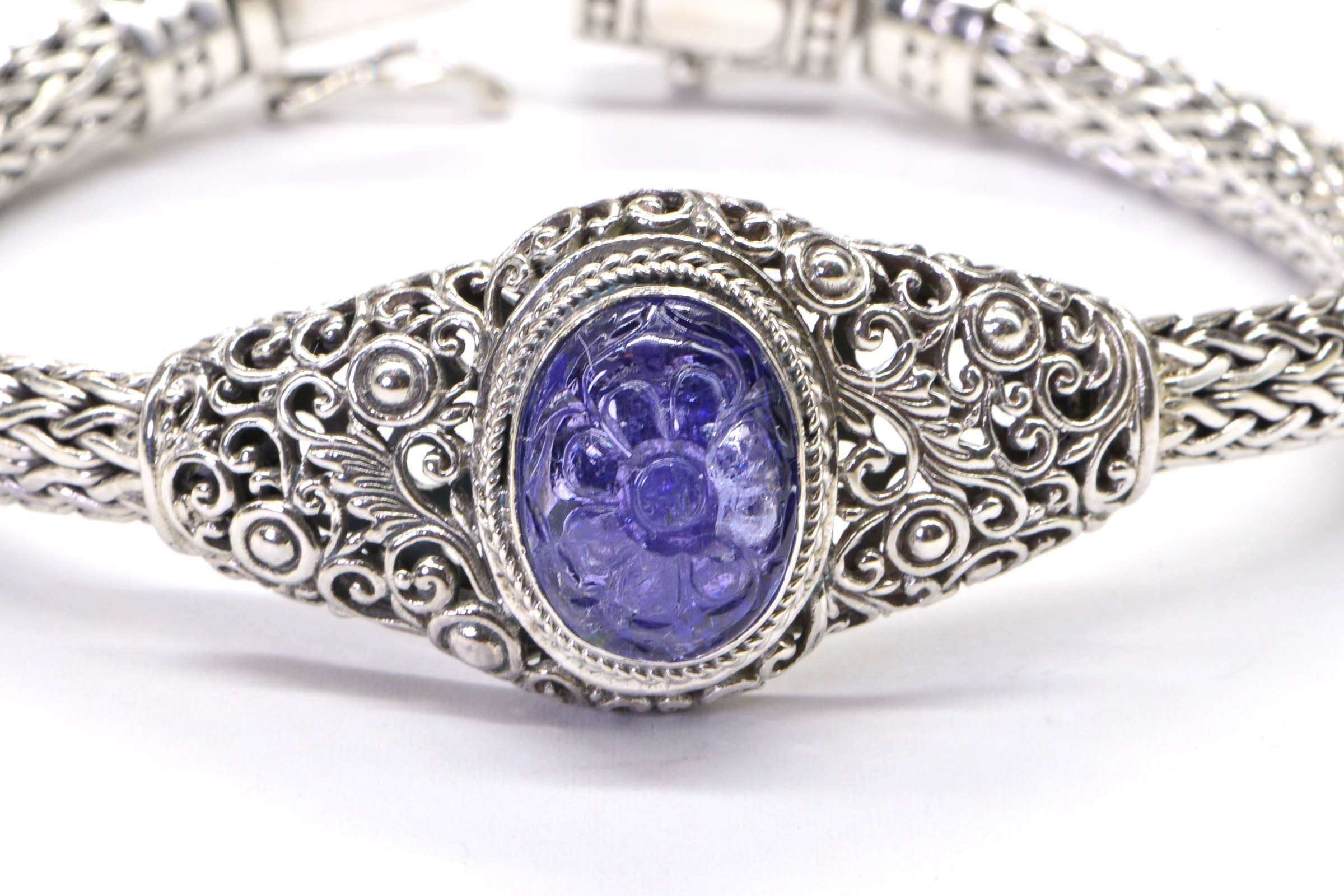 Tanzanite Flower Bracelet: Sterling Silver Filigree, Estate Jewelry