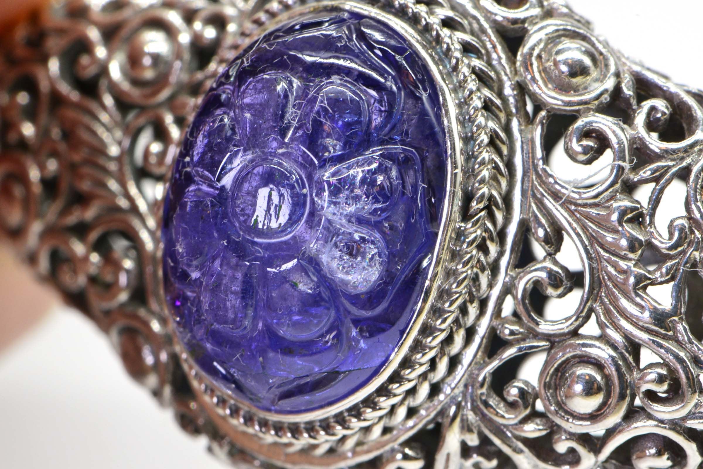 Tanzanite Flower Bracelet: Sterling Silver Filigree, Estate Jewelry