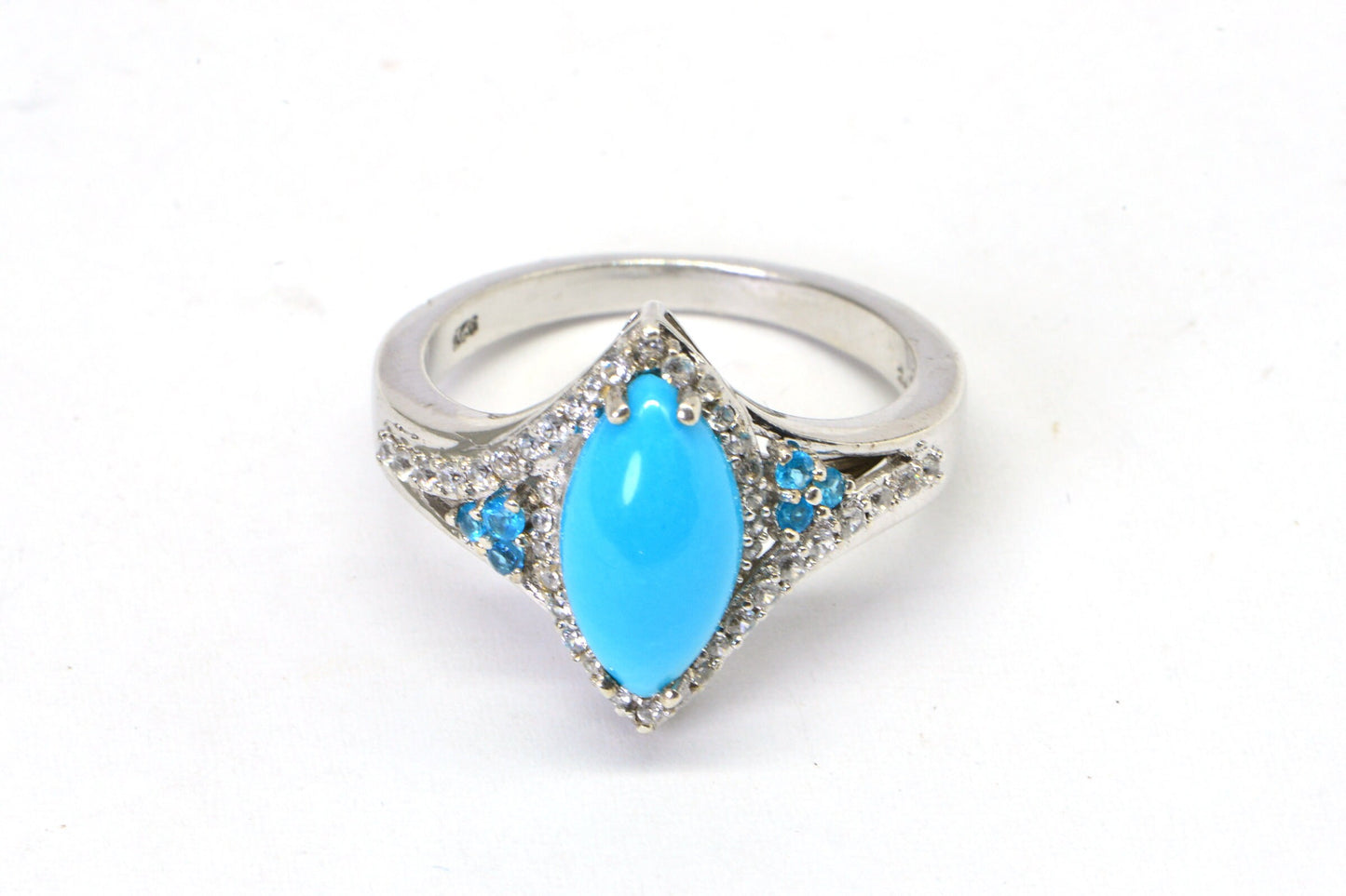 Sleeping Beauty Turquoise Ring, Marquise CZ Halo, Sterling Silver, Size 9