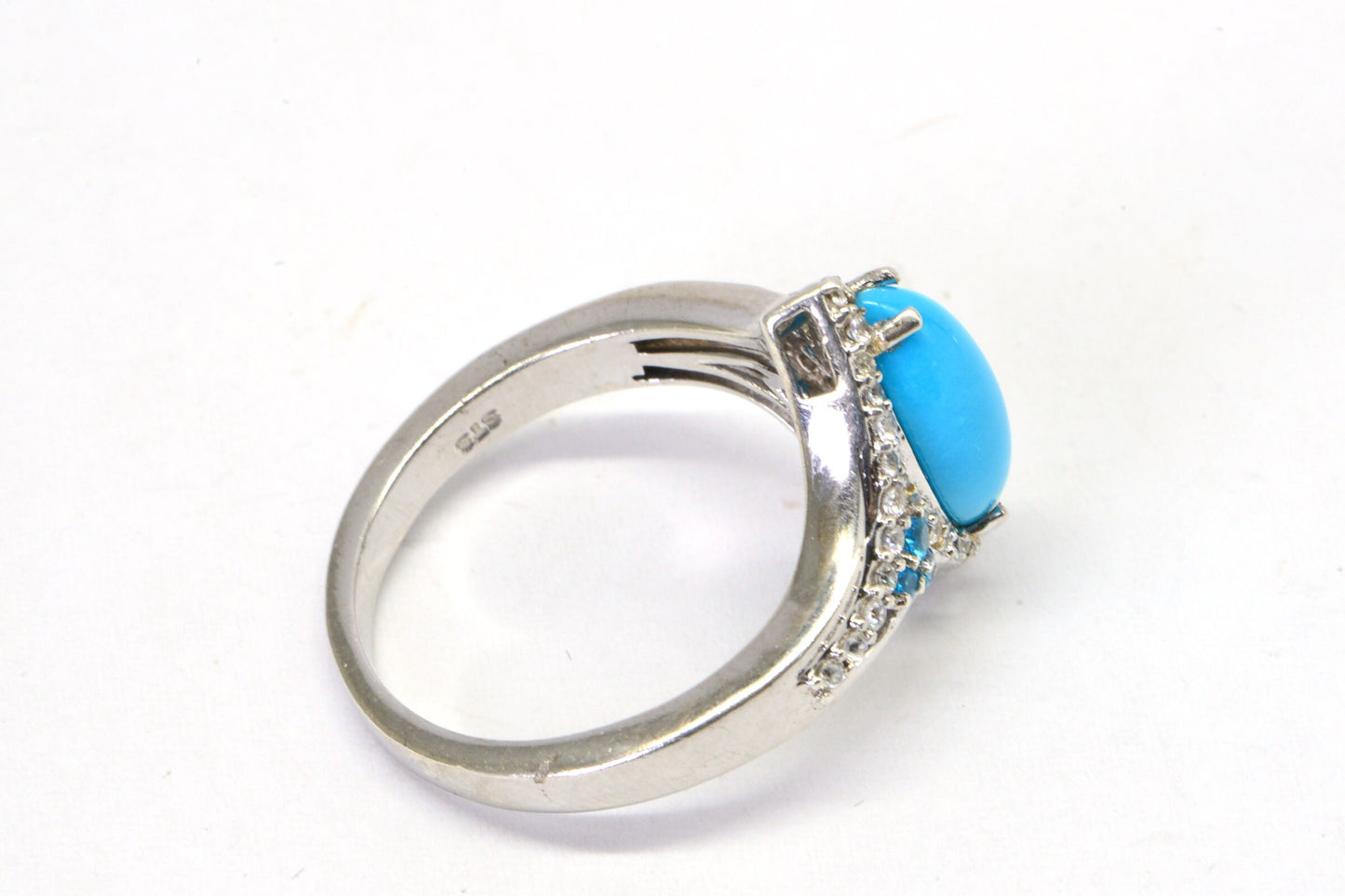 Sleeping Beauty Turquoise Ring, Marquise CZ Halo, Sterling Silver, Size 9
