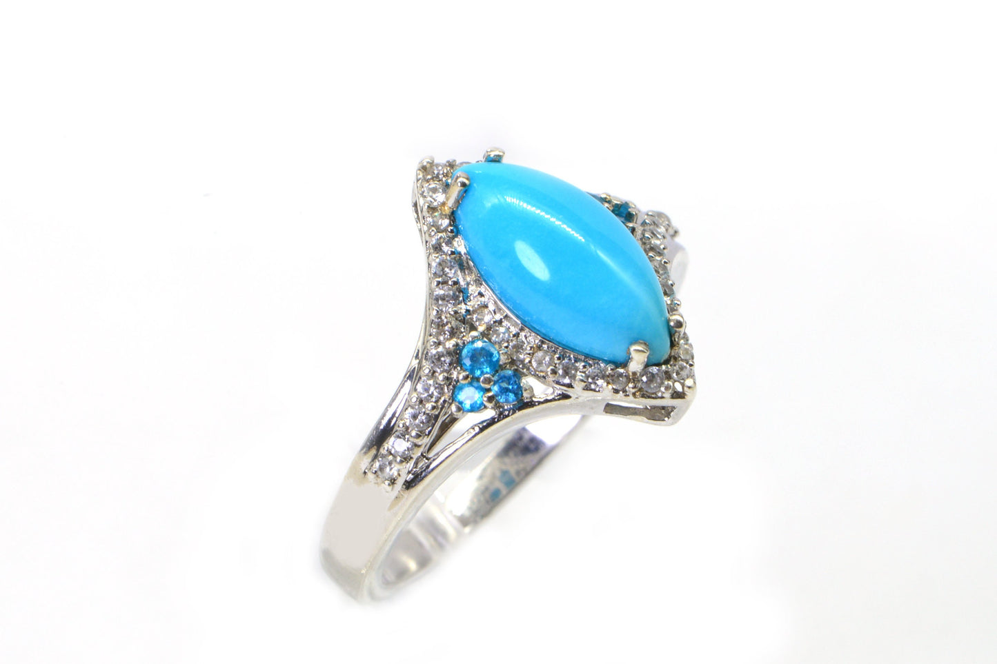 Sleeping Beauty Turquoise Ring, Marquise CZ Halo, Sterling Silver, Size 9