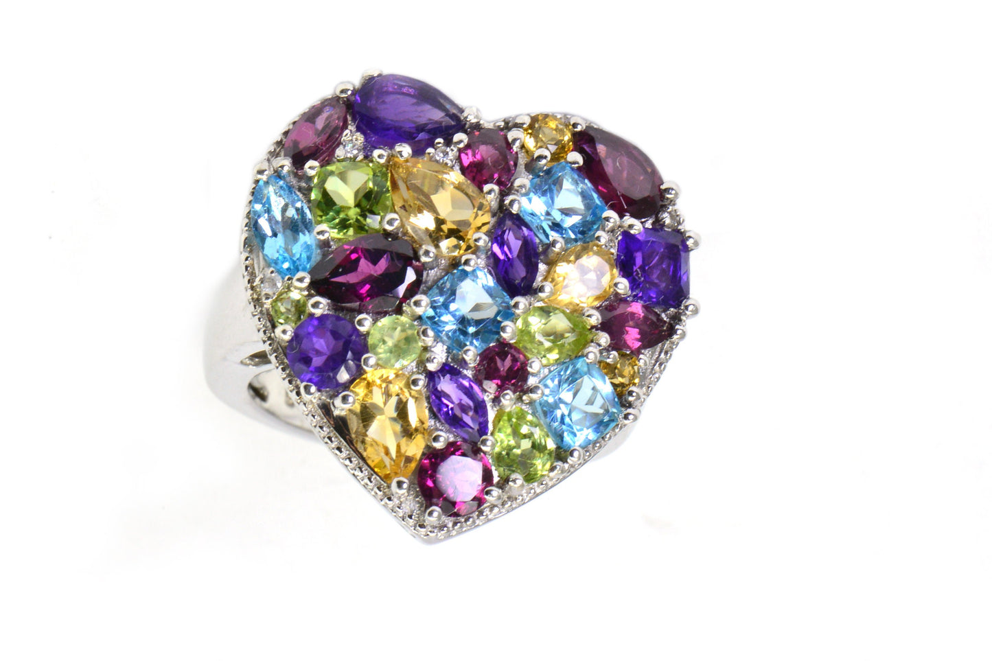 Sterling Silver Heart Ring with Multi Gemstone Cluster, Size 5