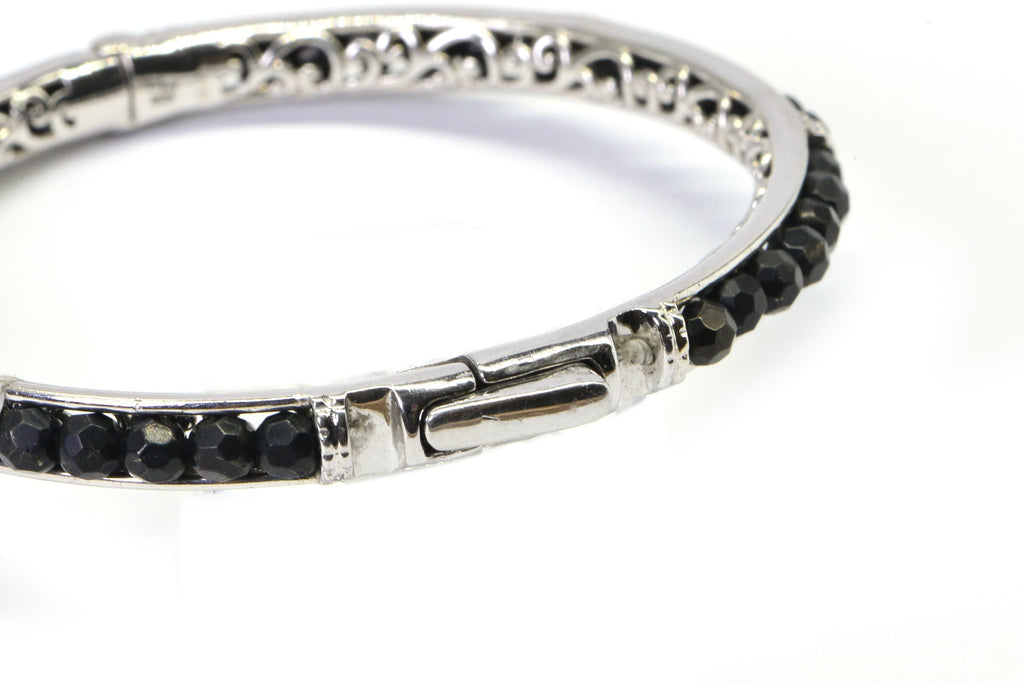 Black Onyx Beaded Bangle Bracelet Filigree Hoop Sterling Silver Cuff Bracelet