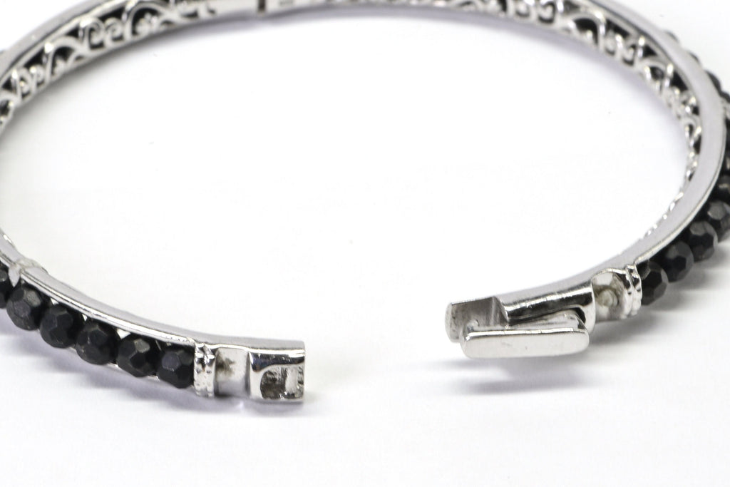 Black Onyx Beaded Bangle Bracelet Filigree Hoop Sterling Silver Cuff Bracelet