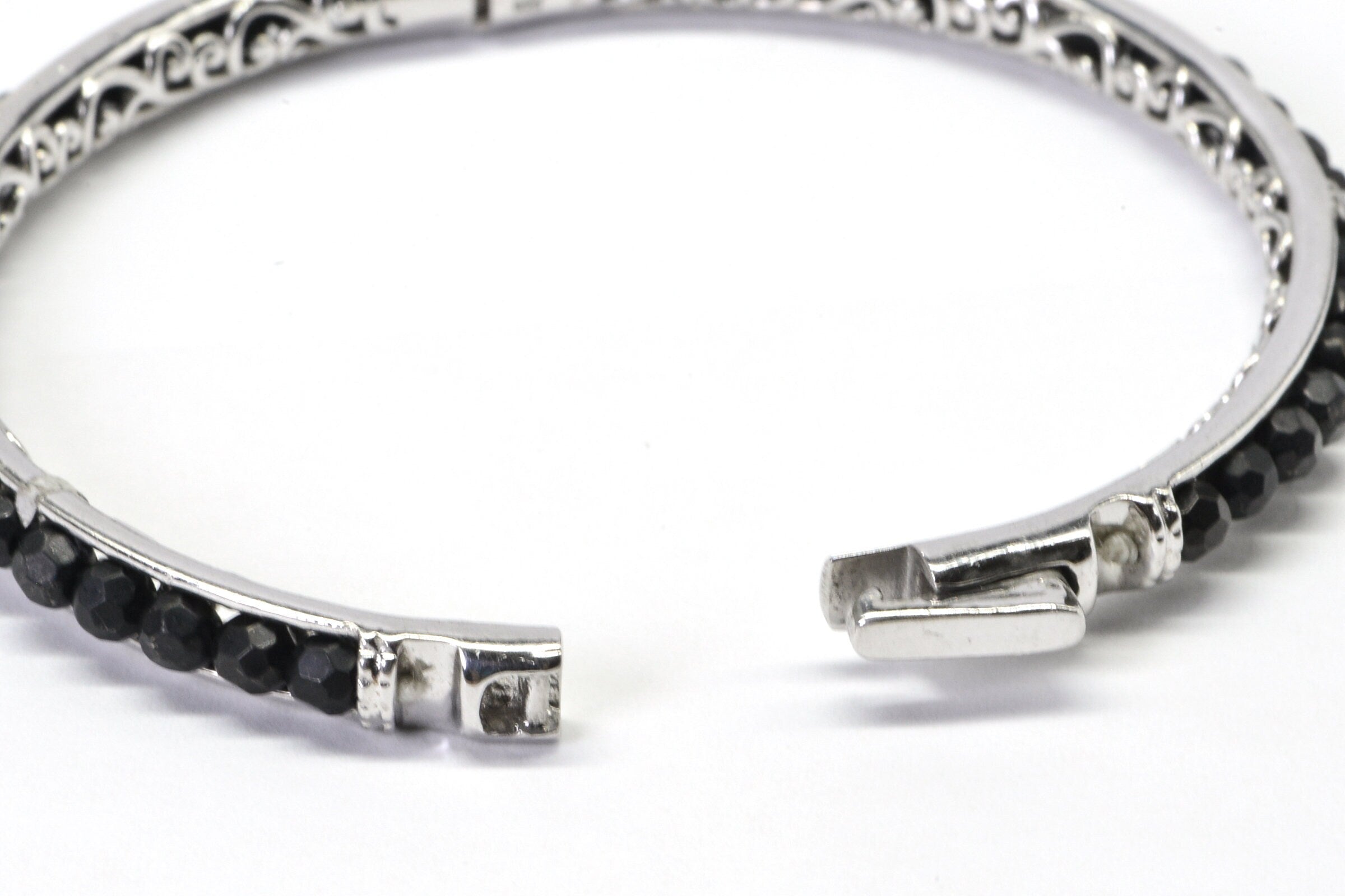Black Onyx Beaded Bangle Bracelet Filigree Hoop Sterling Silver Cuff Bracelet