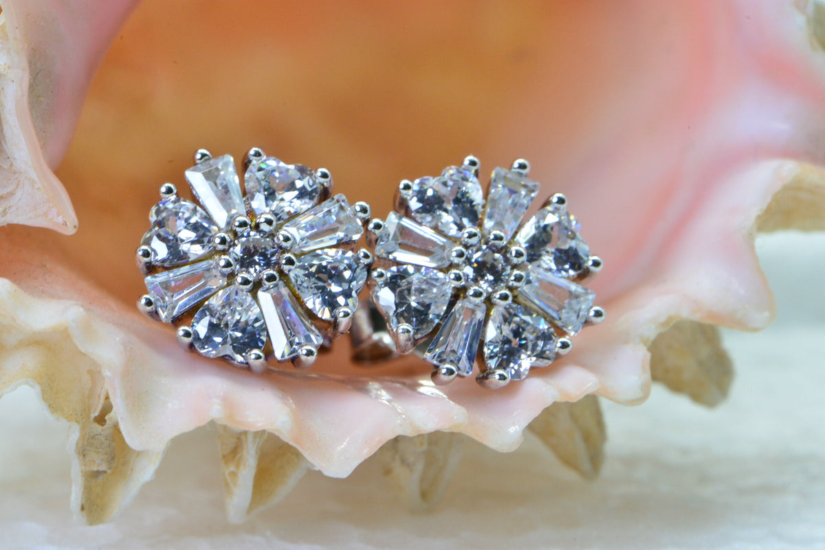 Baguette Zircon Flower Stud Earrings: Sterling Silver Multi Stone
