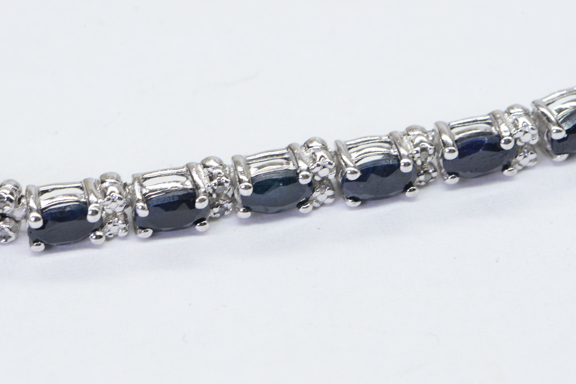 Genuine Sapphire  Diamond White Oval Bracelet Sterling Silver Tennis Bracelet Vintage Jewelry