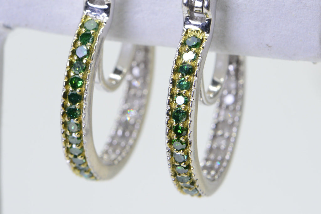 Green & White Diamond Hoop Earrings: Sterling Silver, 0.25 ct