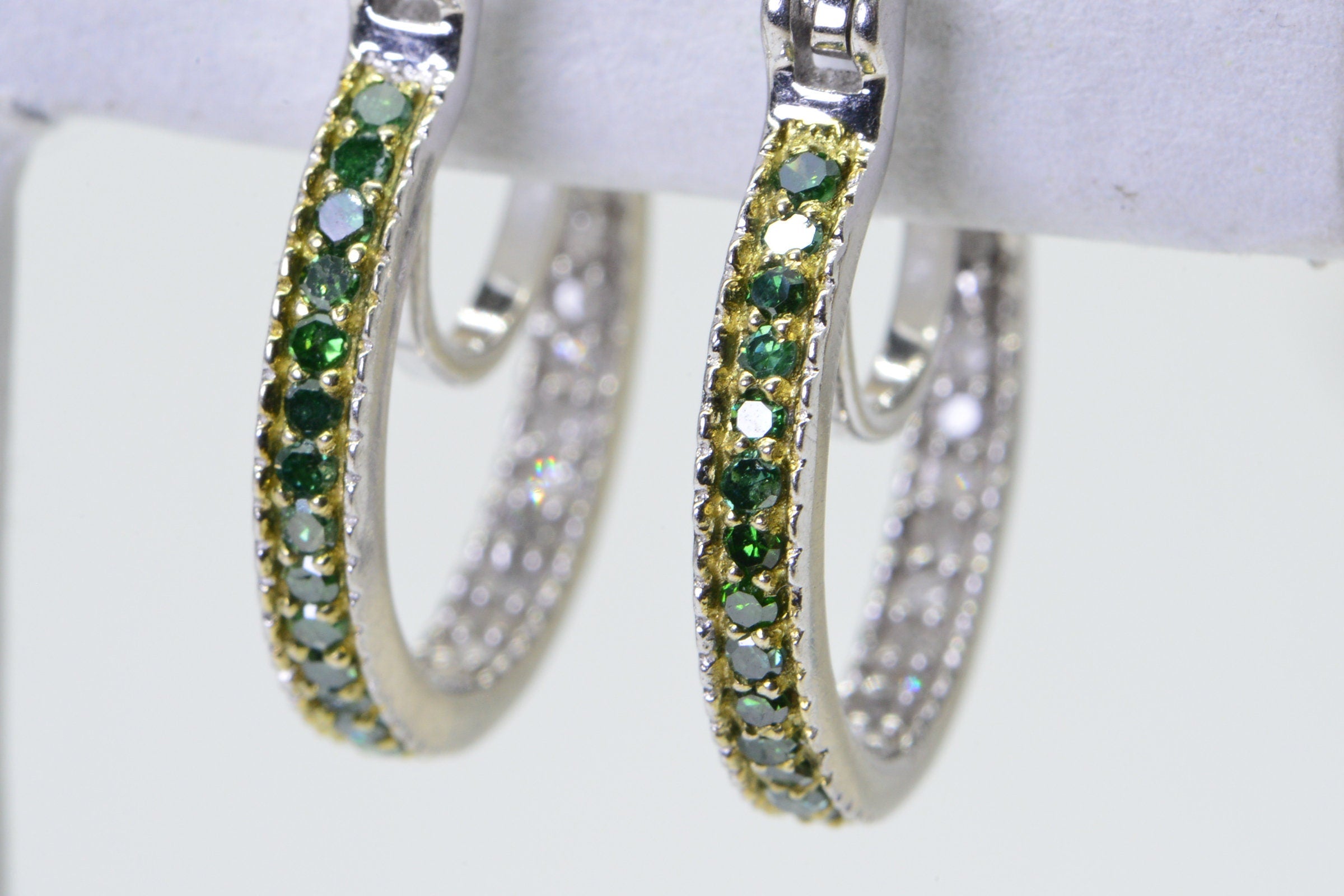 Green & White Diamond Hoop Earrings: Sterling Silver, 0.25 ct