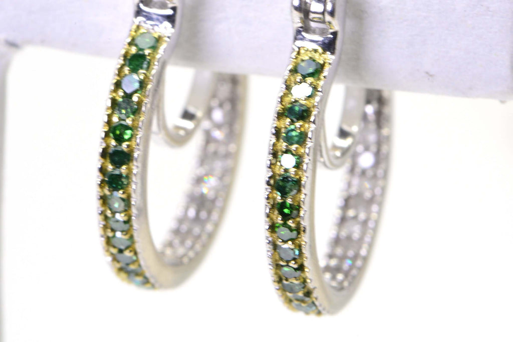 Green & White Diamond Hoop Earrings: Sterling Silver, 0.25 ct
