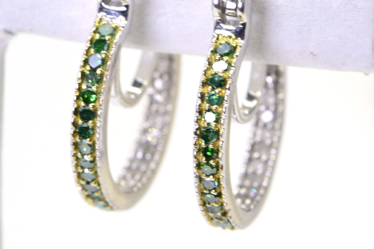 Green & White Diamond Hoop Earrings: Sterling Silver, 0.25 ct