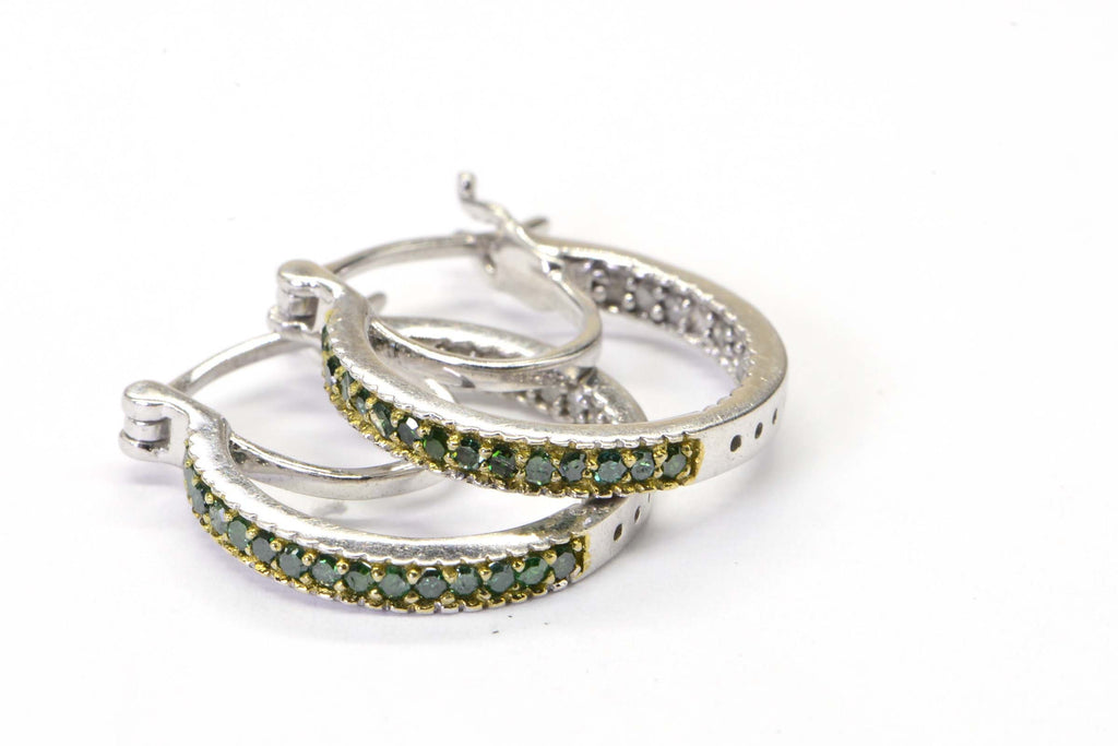 Green & White Diamond Hoop Earrings: Sterling Silver, 0.25 ct