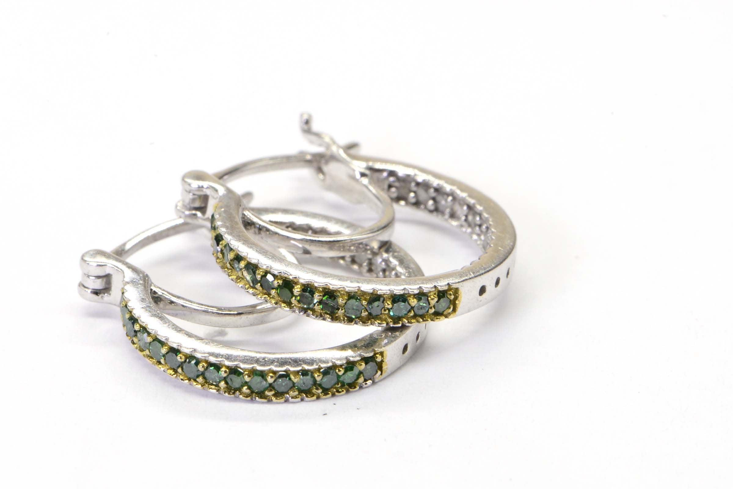 Green & White Diamond Hoop Earrings: Sterling Silver, 0.25 ct